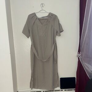 Adrienne Vittadini Beige and White Striped V-Neck Midi Dress